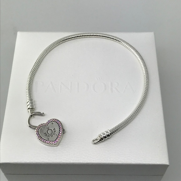 Pandora Pink Heart Padlock Clasp Snake Bracelet - Picture 3 of 4